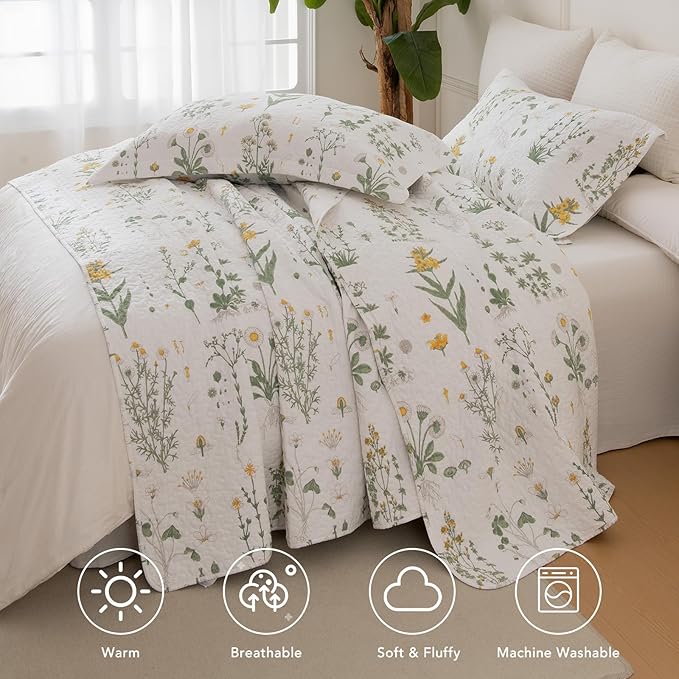 Lady Ann Cotton Quilt Sets Queen - Yellow Floral & Green Leaves Pattern Botanical Printed Quilted Coverlet, 3 Pcs Lightweight Soft Cottagecore Queen Bedspread Set Shabby and Chic Bedding