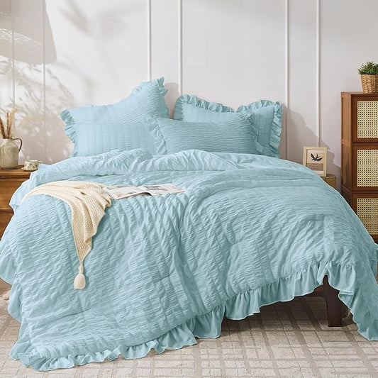 JOLLYVOGUE Blue Comforter Full Size, 3 Pieces Seersucker Lightweight Full Size Bedding, All Season Fluffy Microfiber Bedding Comforter Set with 1 Ruffle Comforter and 2 Ruffle Pillowshams