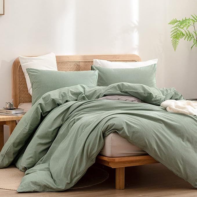 BESTOUCH Duvet Cover Set 100% Washed Cotton Linen Feel Super Soft Comfortable Chic Lightweight 3 PCs Home Bedding Set Solid Green Oversized King