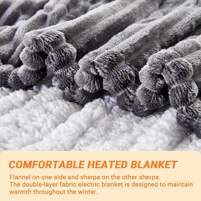Heated Blanket Electric Throw, Soft Flannel Heating Blanket with 8 Hours Auto Off 10 Fast Heating Levels Machine Washable Sherpa Heated Blanket with Overheating Protection