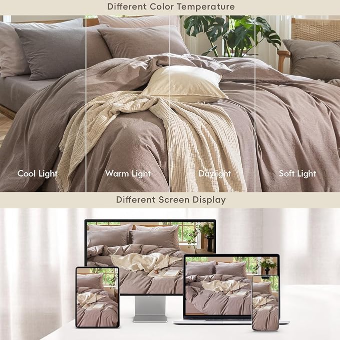 MooMee Bedding Duvet Cover Set 100% Washed Cotton Linen Like Textured Breathable Durable Soft Comfy (Heathered Mauve Brown, Super King Plus 120"x120")