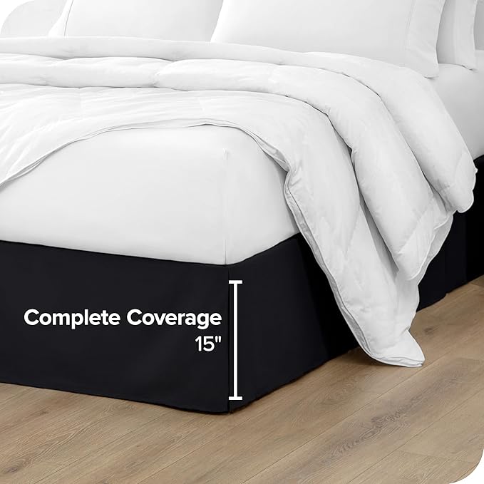 Bare Home Queen Bed Skirt - 15-Inch Tailored Drop Easy Fit - Bed Skirt for Beds - Center & Corner Pleats (Queen, Black)
