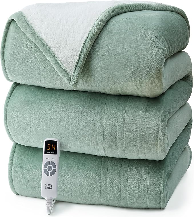EHEYCIGA Heated Blanket - Electric Throw with 9 Heating Levels & 10 Hr Auto Off, Soft Cozy Sherpa Washable Blanket, 50 x 60 Inches