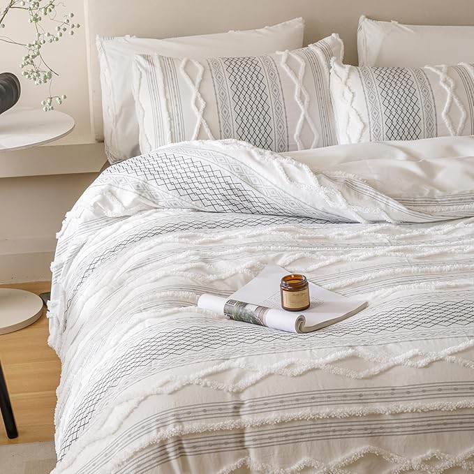 KAREVER Ivory Black Boho Comforter Set Queen Mixed Textures Jacquard Bedding Set Durable Chic and Stylish Bedroom Set