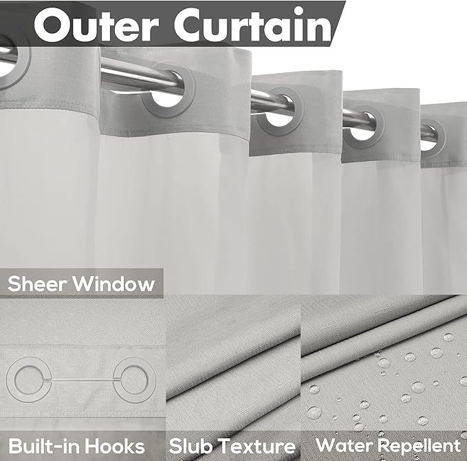 River Dream No Hook Slub Textured Shower Curtain with Snap-in PEVA Liner Set - 71" x 74"(72"), Hotel Style with See Through Top Window, Machine Washable & Water Repellent, Gray, 71x74