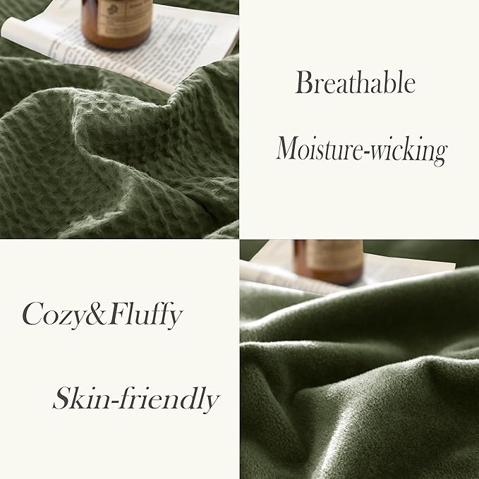 CHUFFED Cotton Waffle Blanket King Size-Plush Milk Velvet & Reversible Waffle Weave,Anti-Static 300Gsm Design，Thick Cozy Soft Winter Blanket for Bed, Couch, Sofa - Olive Green, 104x90 Inches