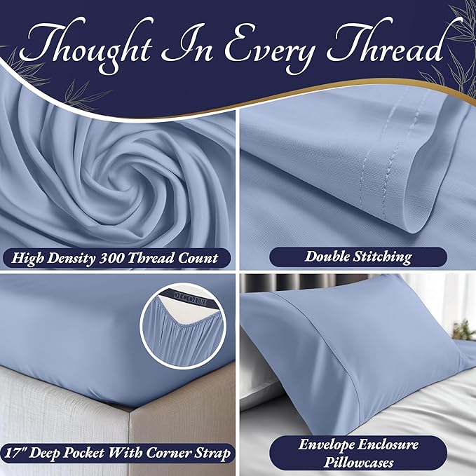 DECOLURE 100% Viscose Derived from Bamboo Sheets Full Size 4pcs - Ultra Soft & Luxuriously Cooling, 17" Deep Pocket, Double Stitching, Perfect for Hot Sleepers - Full Bed Sheets (Light Blue)