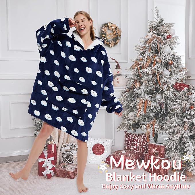 Wearable Blanket Hoodie for Adult,Oversized Sherpa Fleece Blanket Hoodie for Women Men,Navy Blue Cloud