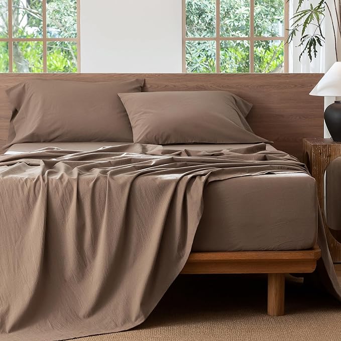 MooMee Bedding Sheet Set 100% Washed Cotton Linen Like Textured Breathable Durable Soft Comfy (Brown, Twin)