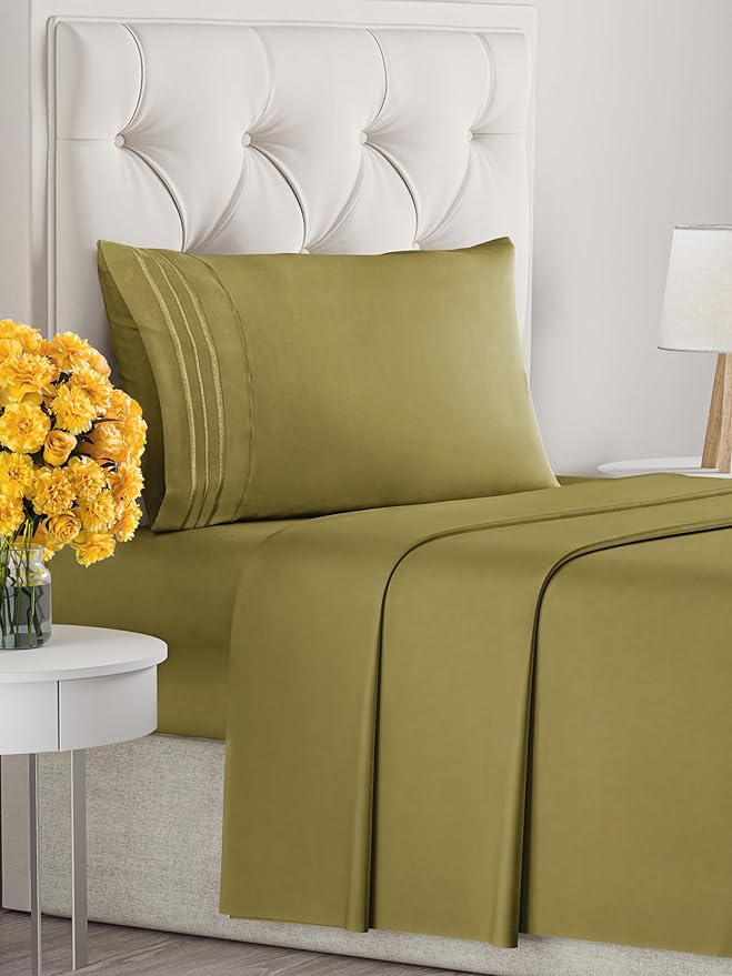 Twin XL Size 3-Piece Sheet Set - Extra Soft, Breathable & Cooling - Hotel Luxury Durable Bed Sheets for Women & Men - Deep Pockets, Easy-Fit & Wrinkle-Free - Olive Yellow Oeko-Tex