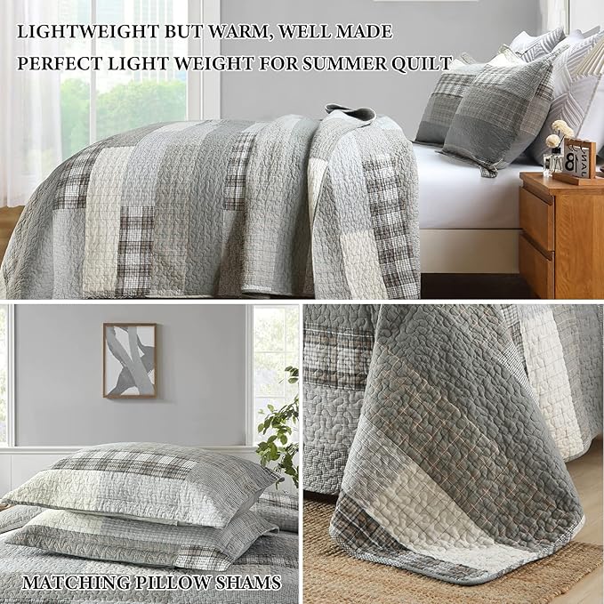 Y-PLWOMEN Quilt King Size - 100% Cotton Grey King Quilt Farmhouse Plaid Quilted Bedspread, 3 Pieces Lightweight Reversible King Size Quilt Bedding Set for All Season