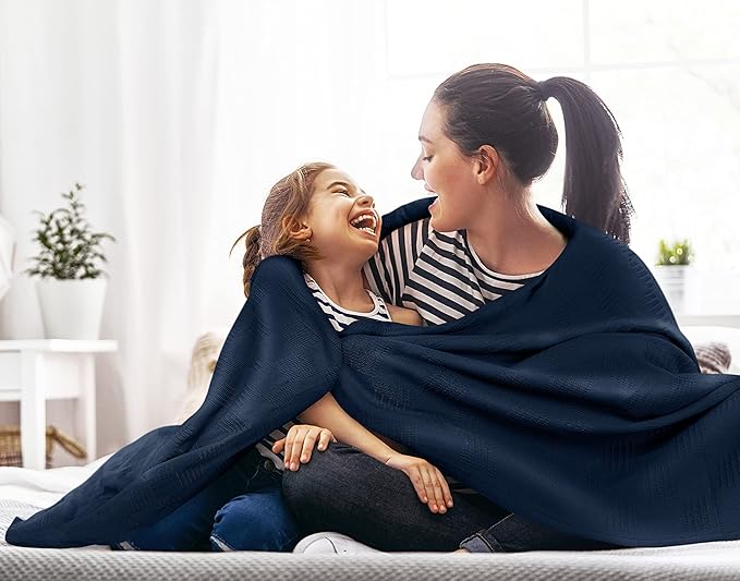 Utopia Bedding Navy 100% Cotton Blanket [Twin Size - 90x72 Inch] 350GSM Lightweight, Soft and Breathable Thermal Blanket for All Seasons