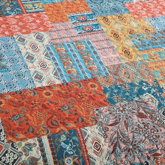 ENASAL Cotton Bedspread Quilt Bedding Sets Reversible Coverlet Comforters Vintage Bohemian Patchwork Pattern Bedspread for All Season, King Size