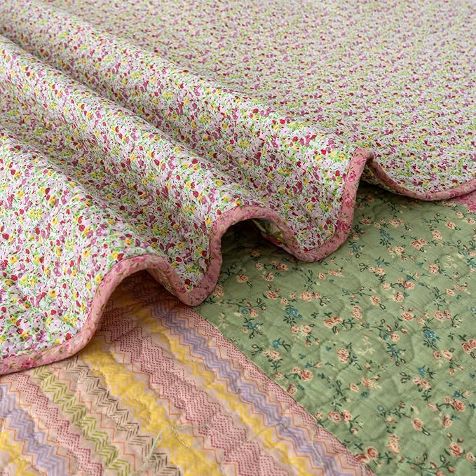 YAYIDAY Quilt King Size Patchwork Bedspread Set - 100% Cotton Reversible Breathable Floral Quilted Quilt with Pillow Shams Fit All Season