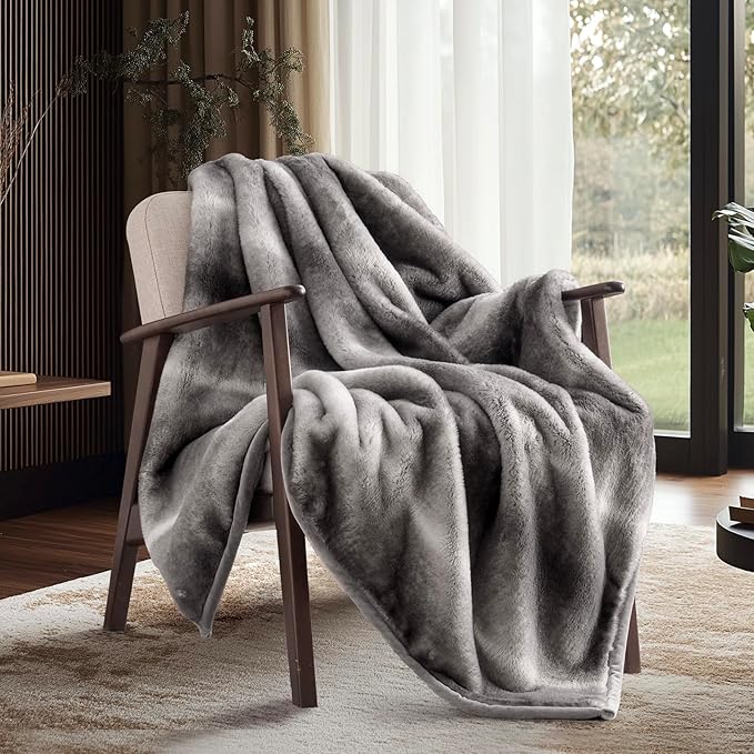 EVERGRACEHOME Ultra Soft Luxury Fluffy Mink Faux Fur Throw Blanket, Thick Warm Fall Winter Blankets for Bed, Couch, Cozy Plush Reversible Blanket for Chair, Sofa (Ombré Silver Onyx, 60"x80")