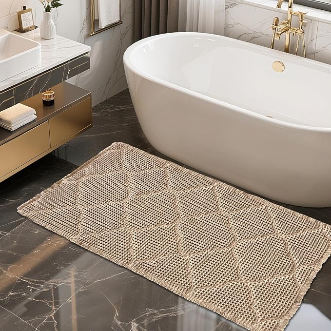 ZALL Tan Waffle Bath Mat,Super Absorbent Non Slip Bathroom Rug,Brown 24x48inch, Geometric Diamond Machine Washable Ultra Soft Floor Mats