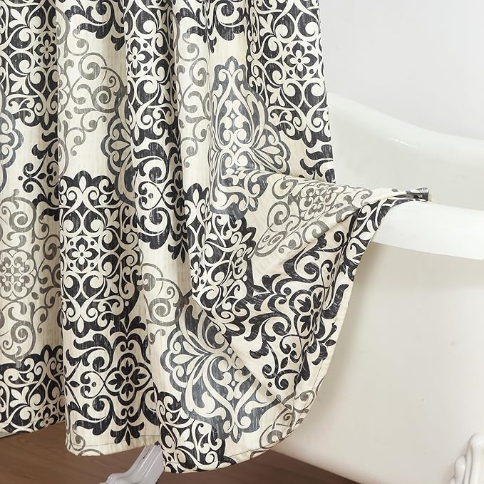 Stall Fabric Shower Curtain, Black and Beige Boho Medallion Print Shower Curtains for Bathroom, 54" W x 72" H