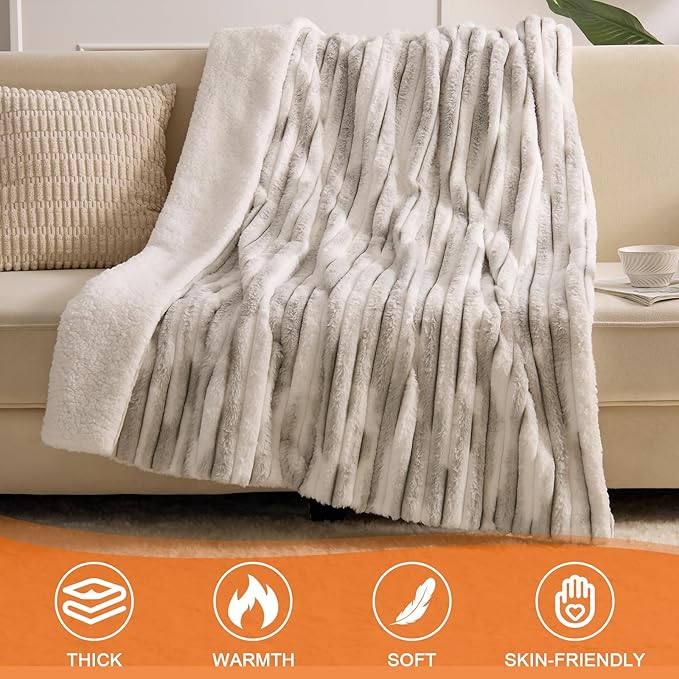 Heated Blanket Throw - 50"x60" Fast Heating Bed Electric Blankets Throw with 6 Heating Levels & 4 Hours Auto Off, Soft Ribbed Faux Fur Sherpa, Over-Heated Protection ETL, Light Gray