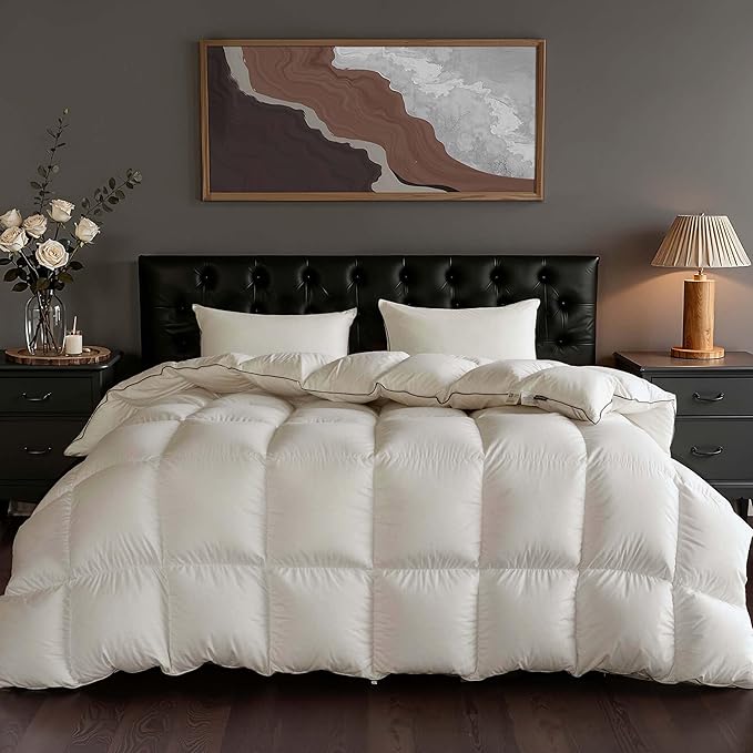 Goose Down Fiber Comforter Full Size, 100% Cotton Luxurious Hotel Duvet Insert for All Season, Fluffy and Cozy with 8 Corner Tabs Medium Warmth 82 x 86 Inch White