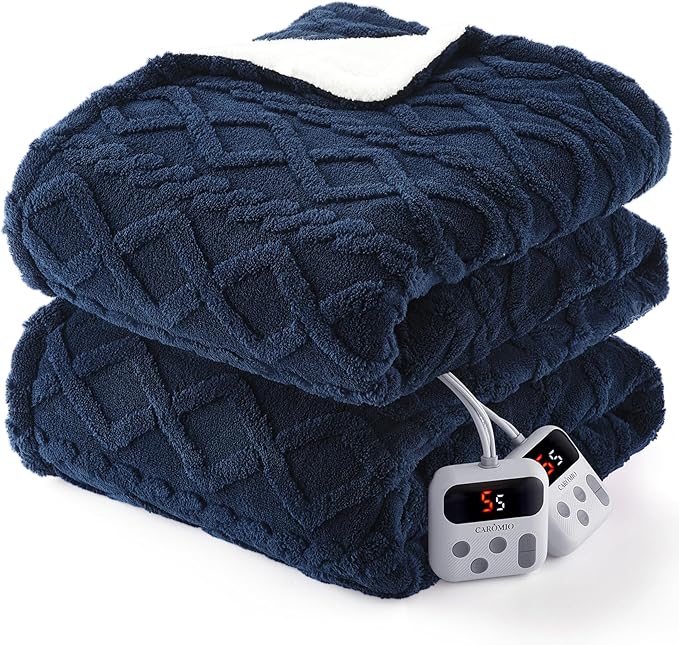 CAROMIO Electric Blanket King Size Dual Control - Thick Tufted Sherpa Heated Blanket King with 10 Heating Levels and 10 Time Settings, ETL Certified Fast Heating Blanket King Size 90"×100", Navy Blue