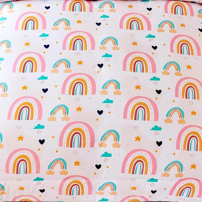 ANGIYUIN 6 Pieces Multi-Color Rainbow Full Bedding Set for Girls Kids Cute Cloud and Love Hearts Girls Comforter Set Soft Microfiber Kid Bed in a Bag with Comforter, Sheets, Pillowcases