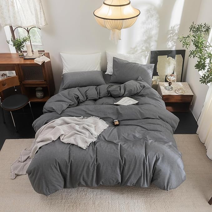 FOSSA Duvet Cover Set 100% Washed Cotton Linen Feel Super Soft Breathable Cozy 3 Pieces Bedding Sets Solid Dark Grey Super King