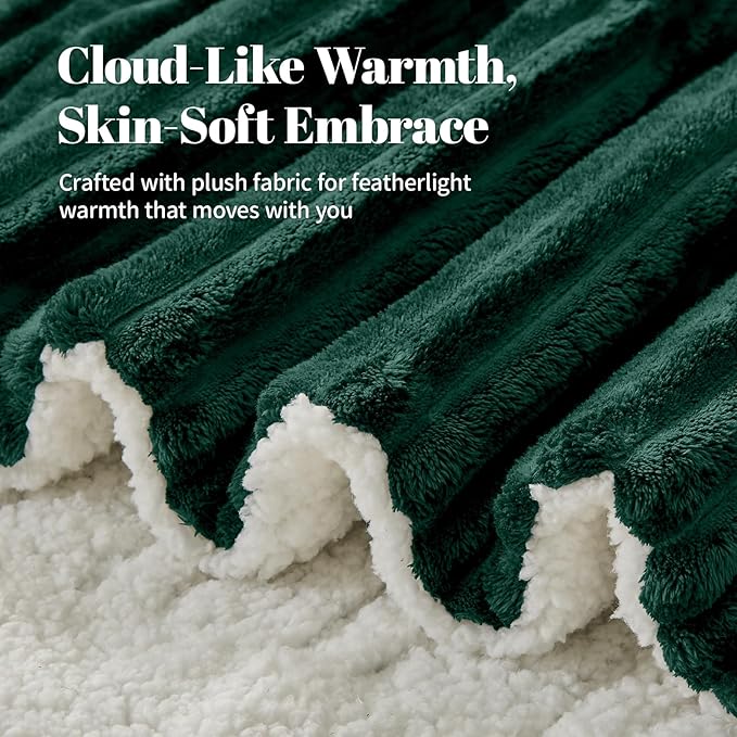 Electric Heated Blanket Twin Size - 62"x84" Fast Heating Bed Blankets with 6 Heating Levels & 10 Hours Auto Off, Soft Ribbed Flannel Sherpa, Over-Heated Protection ETL, Dark Green