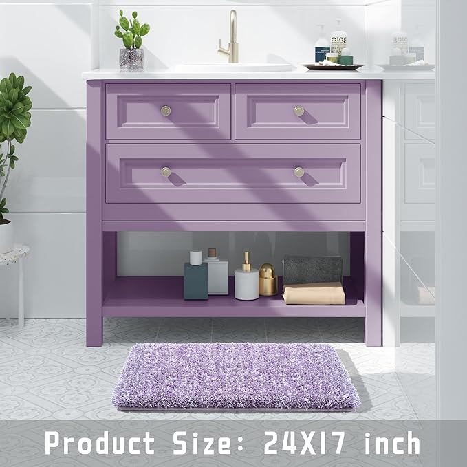 Yimobra Bathroom Rugs Non Slip Washable, Ultra Soft and Water Absorbent Bath Mats, Plush Fluffy Shower Mat Outside, Microfiber Thick Matts for Bathroom Floor/Sink, 24x17, Purple and White
