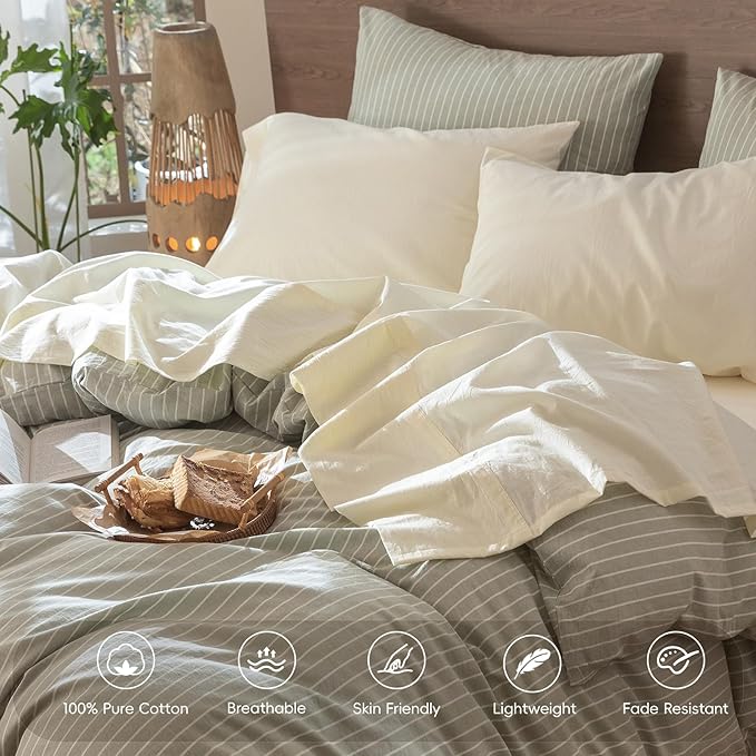 MooMee Bedding Sheet Set 100% Washed Cotton Linen Like Textured Breathable Durable Soft Comfy (Solid Cream White, Twin)