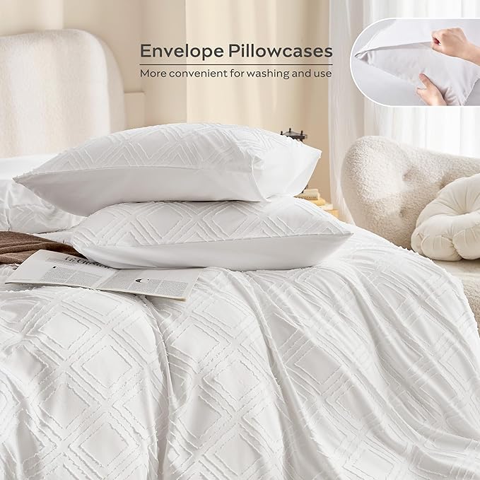 JELLYMONI Duvet Cover King Size Bright White - 3PCS Boho Duvet Cover Set Plaid Polyester Tufted Bohemian Jacquard Knit Textured Comforter Cover 104×90in Rhombic Geometric Pattern Zipper Corner Tie