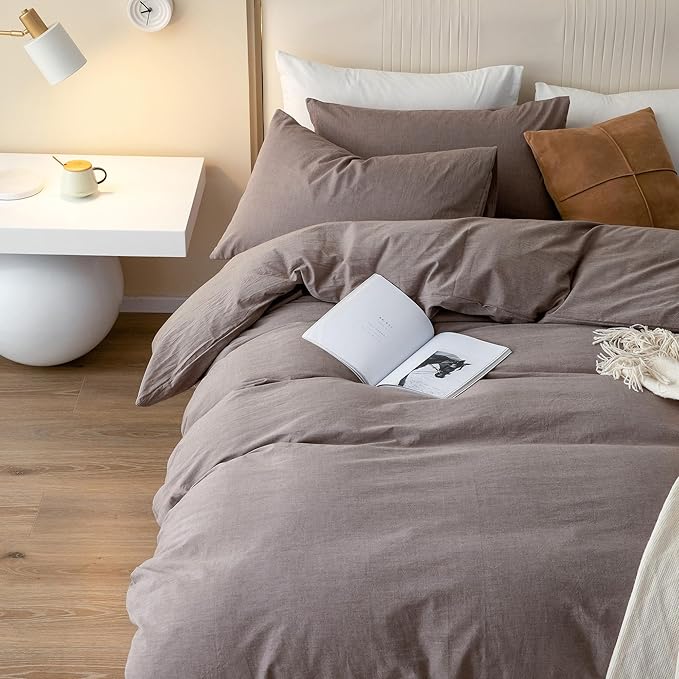 JIYUAN 100% Washed Cotton Duvet Cover Set 3 Pieces Super Queen, 1 Duvet Cover 90x98 Inches(Comforter Not Included) and 2 Pillowcases,Linen Feel Bedding Set Comfy and Breathable, Heathered Mauve Brown