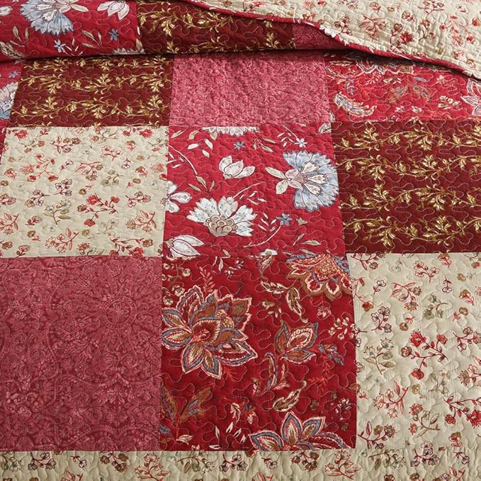 Cotton Bedspread Quilt Bedding Sets 3 Pieces Reversible Coverlet Sets Comforters Vintage Floral Patchwork Purple Red Bedspread, King Size