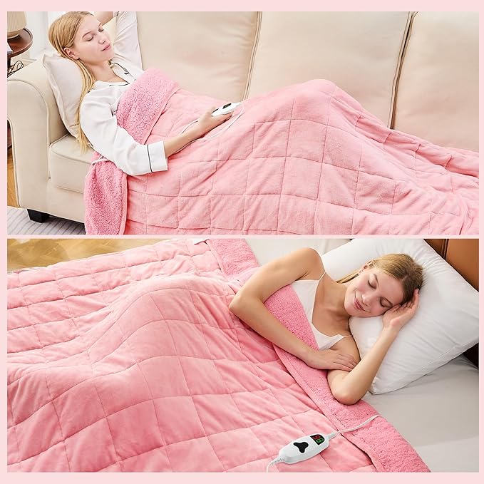 CYMULA Heated Weighted Blanket for Adults, Weighted Heated Blanket 50" x 60", 13lbs Sherpa Fleece Weighted Electric Blanket Soft Heating Blanket with 10 Heating Levels & 1-8 Hours Auto Off, Pink