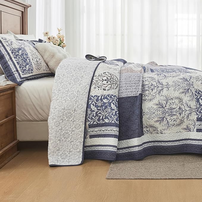 100% Cotton Quilt Set Queen Size - Floral Quilted Comforter, Patchwork Botanical Queen Quilt Bedspread, Reversible Vintage Farmhouse Lightweight Bedding for Queen Bed, 3pcs, Blue/Beige