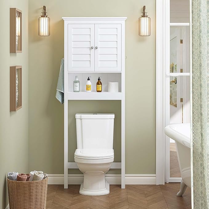 Spirich Over The Toilet Storage Cabinet, Space-Saving Above Toilet Bathroom Organizer with Adjustable Shelf and Hooks, White