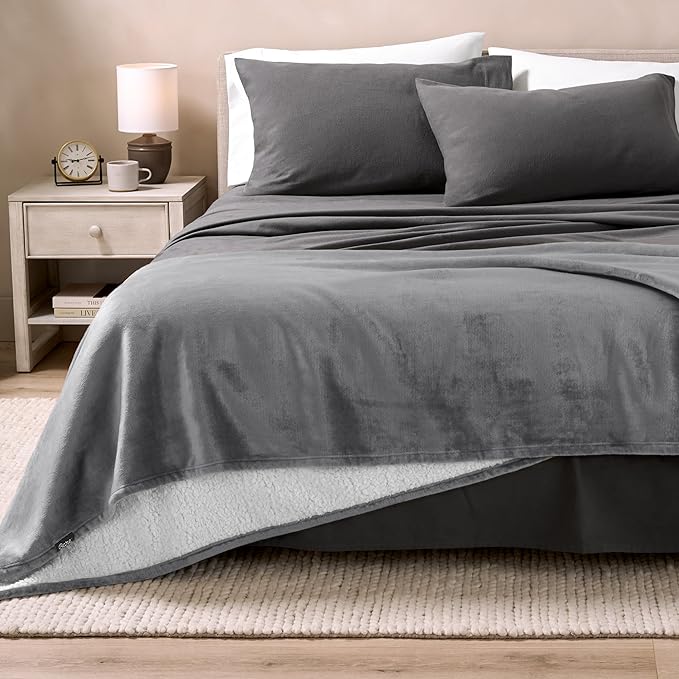 Bare Home Sherpa Fleece Blanket - Throw/Travel Size - Blanket for Bed, Sofa, and Couch - Warm & Lightweight - Fluffy & Soft - Reversible (Throw/Travel, Grey)