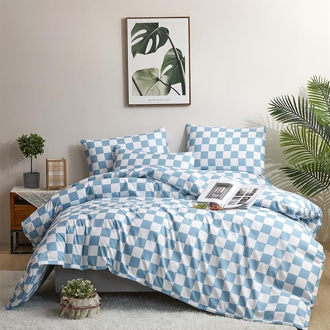 karever Blue White Grid Comforter Set King Blue Plaid Bedding Set Women Blue and White Checkered Bed Comforter Set Breathable Blanket Set Men Durable Bedding Comforter Set,King(104''* 90'')