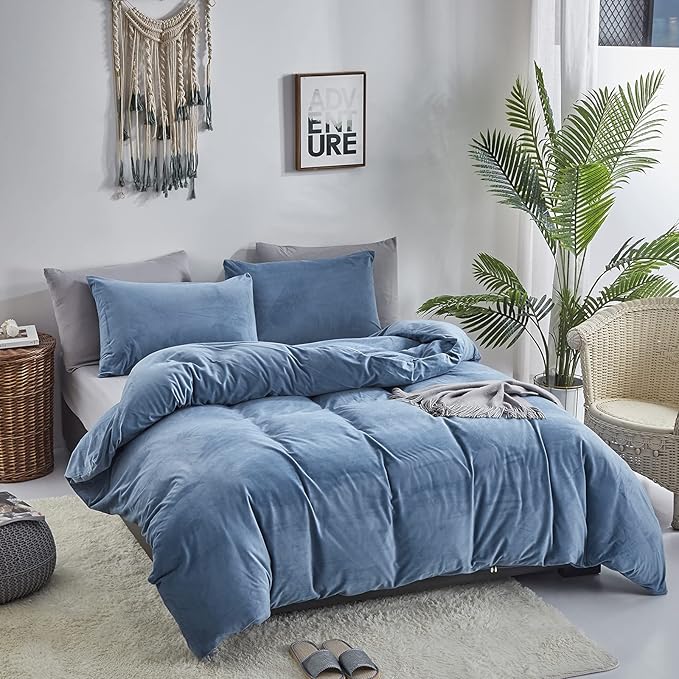 Cottonight Blue Velvet Comforter Full Size Bright Flannel Bedding Plain Lake Blue Winter Quilts Modern Heavyweight Warm 3 Piece Comforter Set for Full Bed