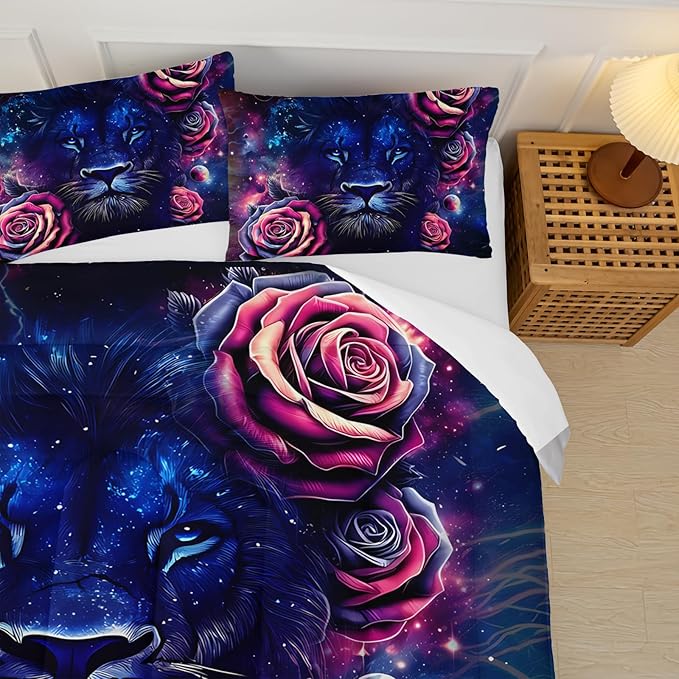 Black and Red Galaxy Roses Lion Comforter Set Full Size，Full Size Bedding Set Animal Print，Jungle Animal Bedroom Decor，with 1 Comforter with 2 Pillow Case