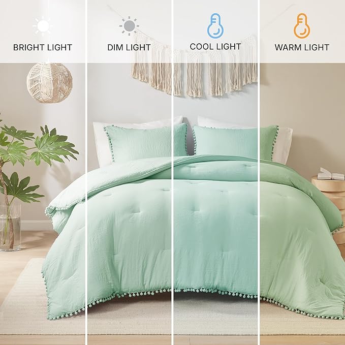 Codi Sage Green Boho Twin Comforter Set, Aesthetic Luxurious Pom Fringe Design Bedding, Cute Soft Washed Microfiber Bed Sets, Lightweight Chic,1 Comforter & 1 Pillowcase