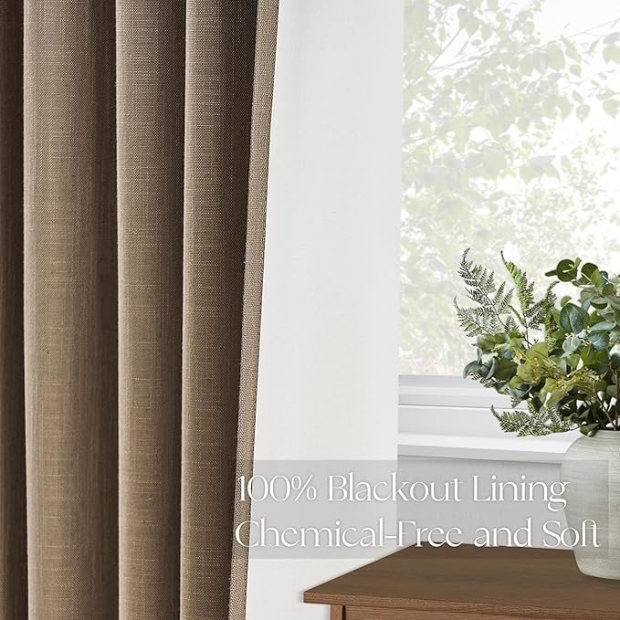 Topfinel 105 Inches Long Custom Black Out Faux Thick Linen Drapery Panels, Taupe Chocolate Brown Pinch Pleated Heat Reflective Neurtral Curtains with Pin Hooks, Luxury Lined Back Tab Drapes Set of 2