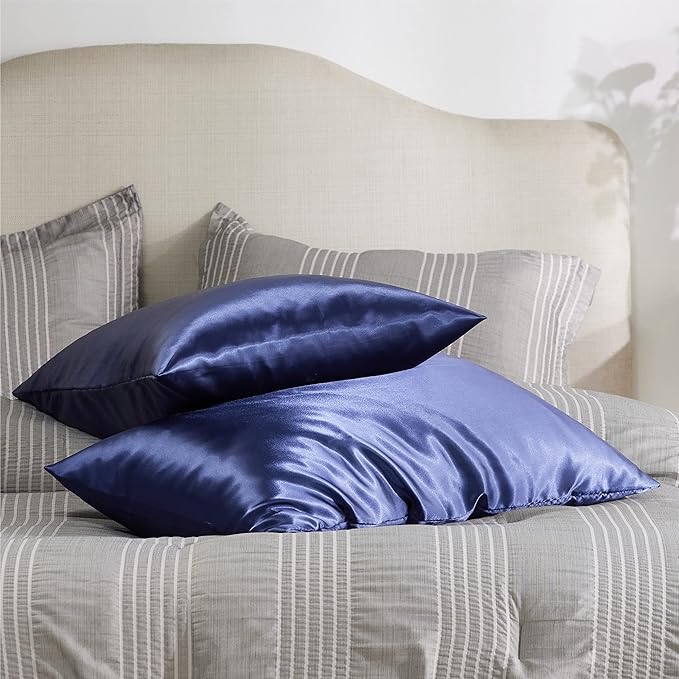 Bedsure Satin Pillowcase with Zipper, Similar to Silk Pillow Cases 2 Pack, Satin Pillow Cases Queen Size Set of 2, Silky & Soft Navy Pillow Covers for Hair and Skin, Gifts for Women Men, 20x30 Inches