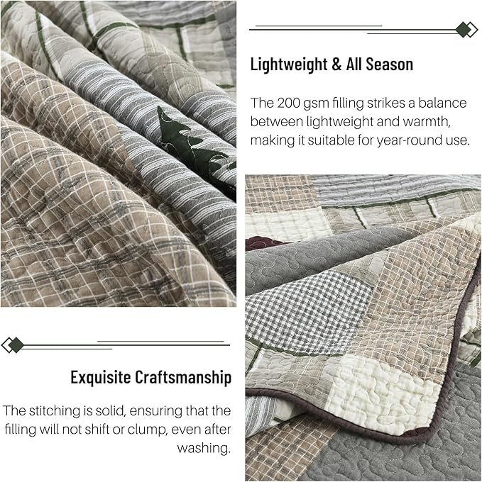 Quilt for Queen Bed - 100% Cotton Farmhouse Patchwork Plaid Cabin Queen Size Quilt Bedding Set, Brown Gray Green Animal Bear Deer Tree Lightweight Bedspread, 3-Piece for All Season (98"x90")