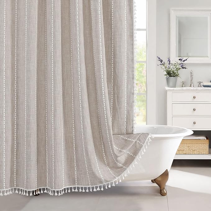 MitoVilla Boho Extra Long Shower Curtain 72 x 96, Taupe Modern Farmhouse 96 inch XL Polyester Linen Texture Tassel Fabric Shower Curtain Set with Hooks for Cottagecore Country Bathroom Decor,Taupe