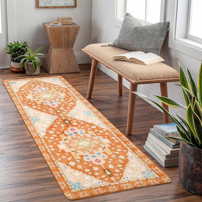 Uphome Boho Bathroom Runner Rug Orange Non-Slip Soft Bedroom Rug Machine Washable Oriental Hallway Rug Tribal Aesthetic Floral Home Decor Floor Mats for Kitchen Kids Room Entryway, 24x59 inch