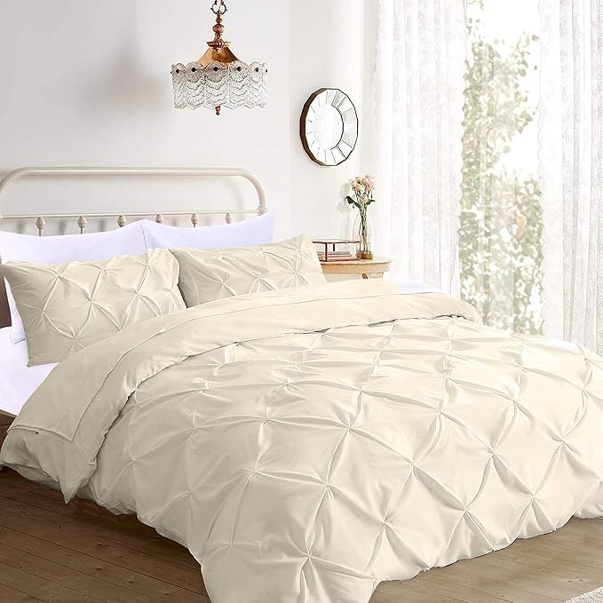Pinch Pleated Duvet Cover Set 100% Brushed Microfiber 3PC Calking Size 98x104 Duvet Cover Set, Decorative Pinch Design Ivory Duvet Cover with Matching Pillow Case