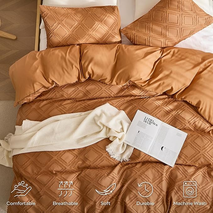 JELLYMONI Duvet Cover Queen Size Rust - 3PCS Boho Duvet Cover Set Plaid Polyester Tufted Bohemian Jacquard Knit Textured Comforter Cover 90×90in Rhombic Geometric Pattern Zipper Corner Tie