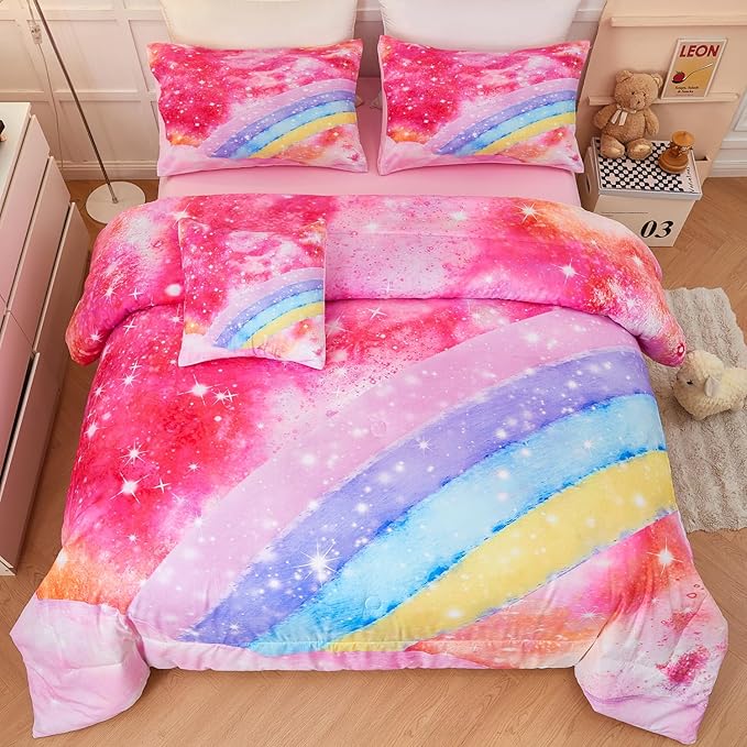 ANGIYUIN Rainbow Twin Size Comforter Set for Girls, 6 Pieces Sparkle Tie Dye Pink Girls Bedding Comforter Sets, Galaxy Kids Bed Sets, Gradient Glitter Soft Bed in A Bag wit Sheets