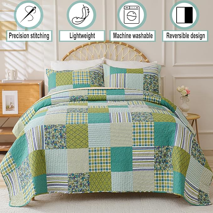 Cmfshape Quilt Sets Bedspread Set 100% Cotton Green Plaid Patchwork Bedding Set, All Season Use Lightweight Reversible Coverlet Quilts with 2 Pillow Shams(Queen 90"x96")