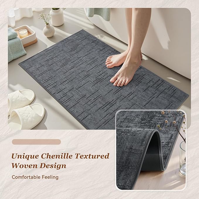 AMOAMI Bath Mat Non Slip Super Absorbent Quick Dry Bath Mats for Bathroom Floor Rubber Backing Washable Bathroom Rugs Modern Woven Jacquard Mat, Beside Tub Bath Rugs, 2'x4', Darkgrey